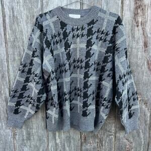 Vintage Panther Gray Black Houndstooth Plaid Wool Alpaca Mohair Sweater MEDIUM?